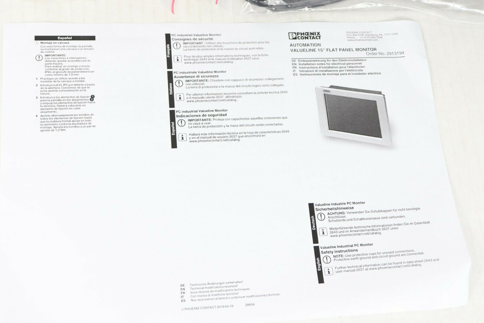 New Phoenix Contact 15" Flat Panel Monitor LCD Touchscreen Remote Mount Display