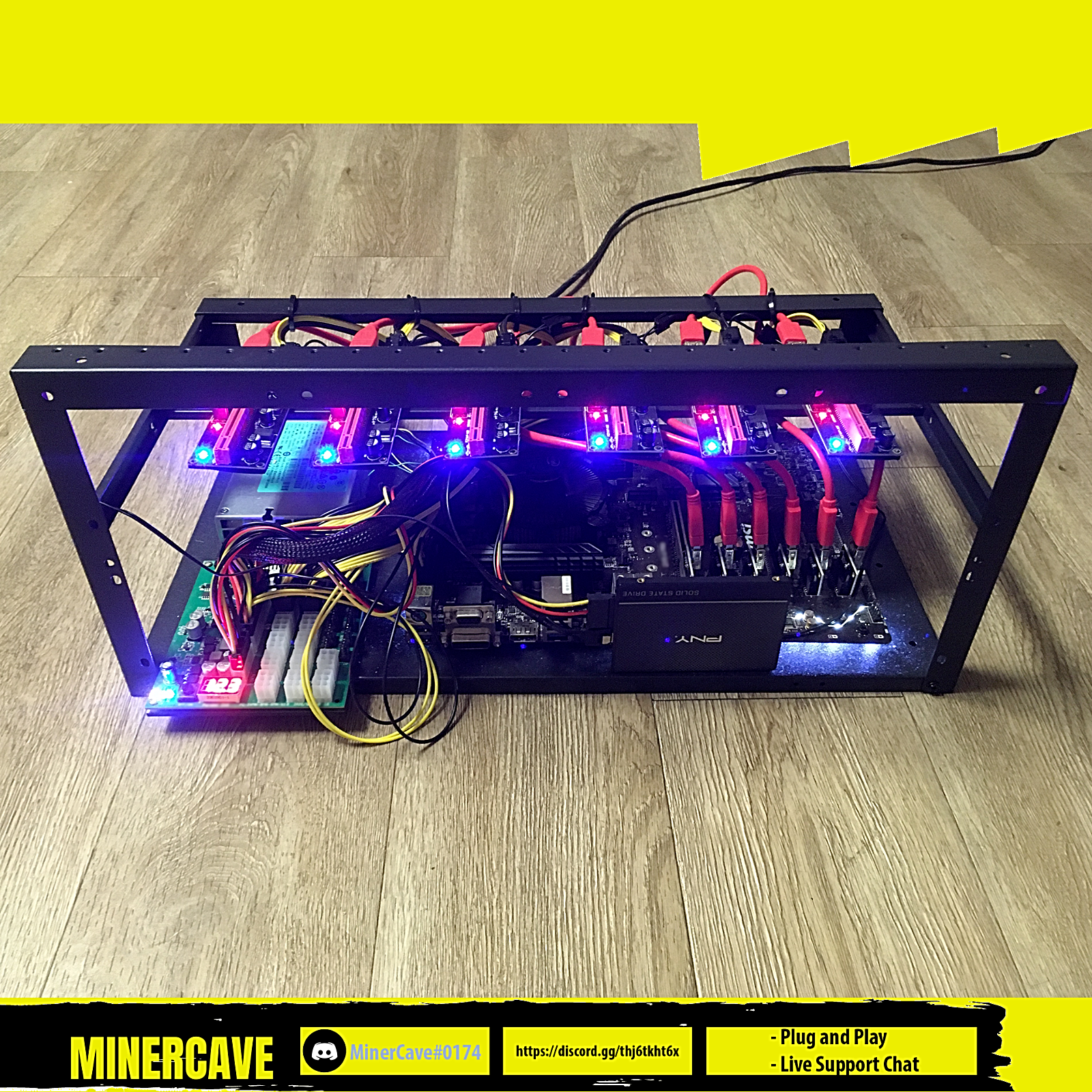 Mining Rig Kit (Plug+Play) 6 GPU slots, Open Case, PSU, CPU, SSD, Win 10 NO GPUs