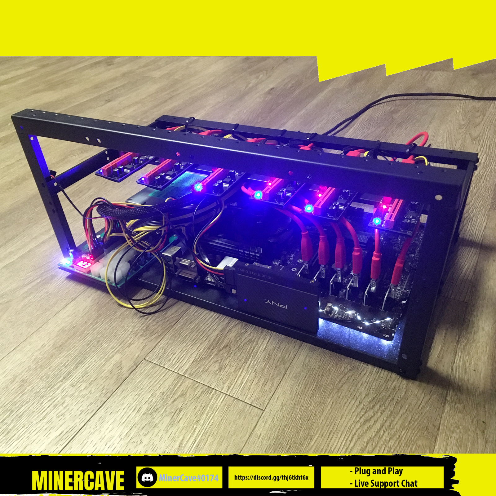 Mining Rig Kit (Plug+Play) 6 GPU slots, Open Case, PSU, CPU, SSD, Win 10 NO GPUs